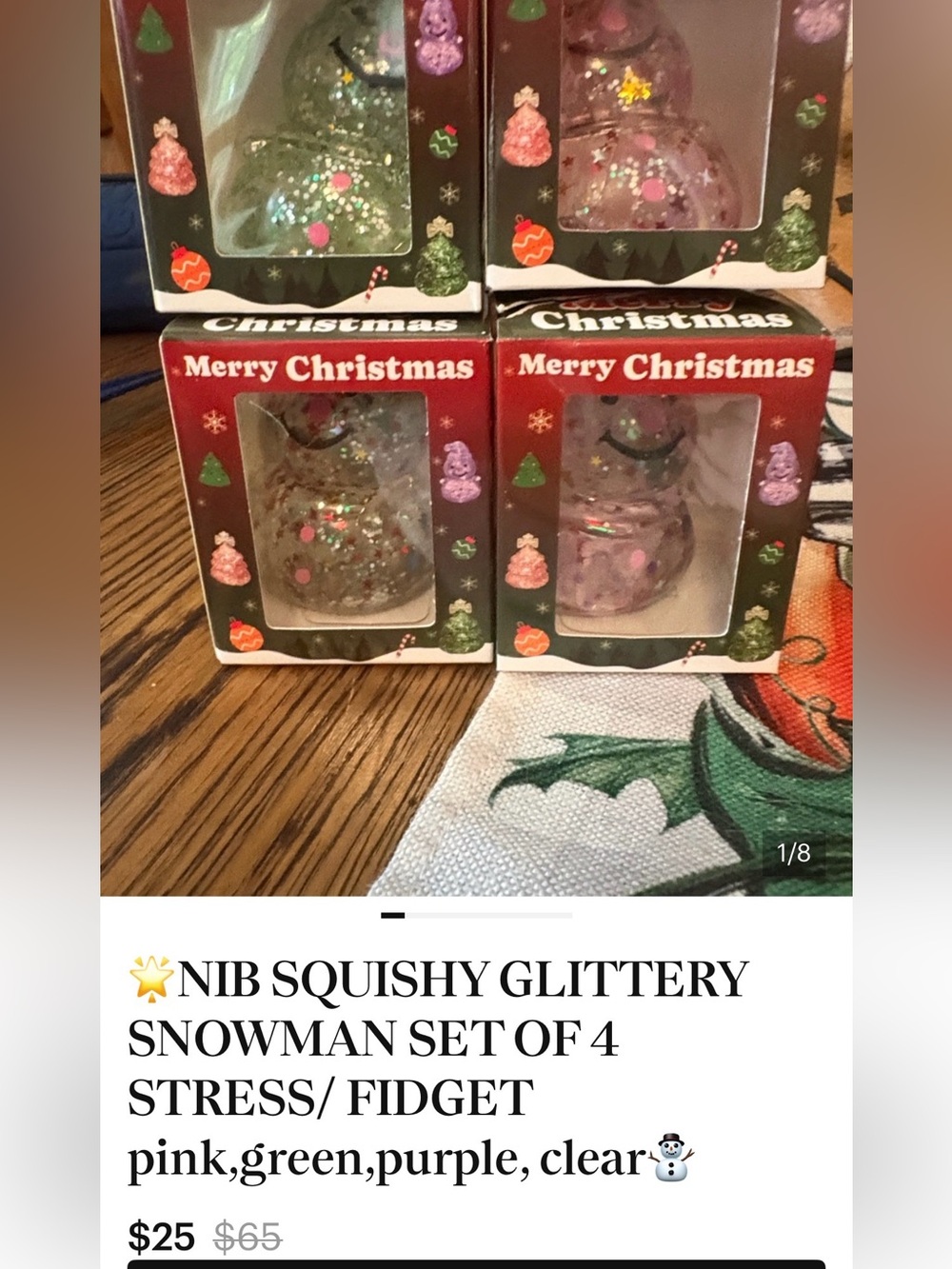 Holiday Squishy Glitter Snowman Fidget Toys - Pink, Green, Purple, Clear